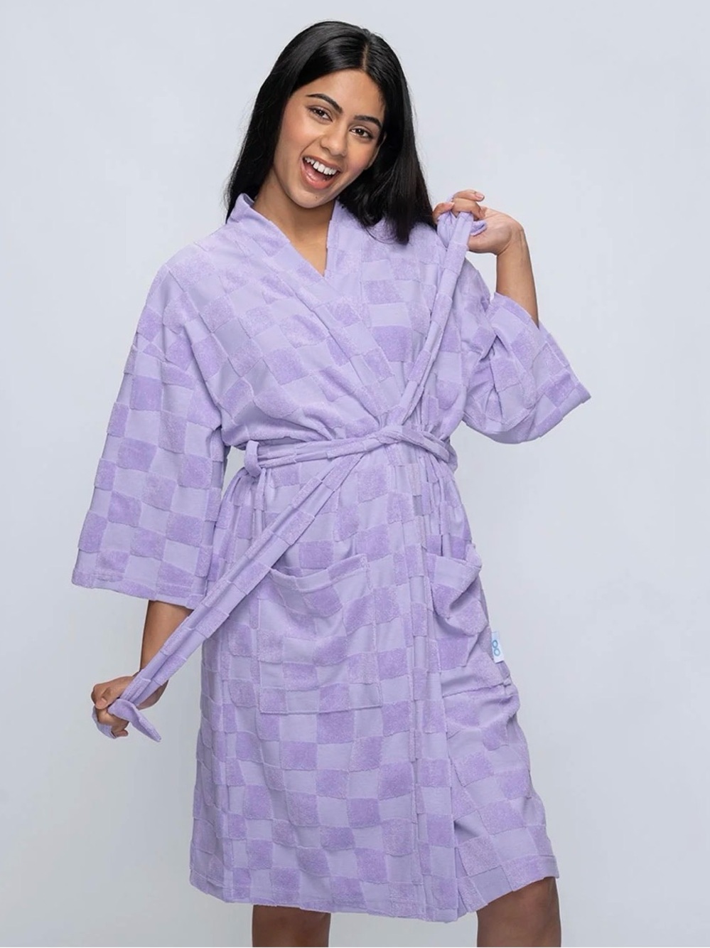 Plush Lavender Checker Kimono Robe - Women
